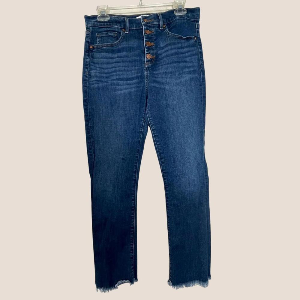 Loft 4 Button Dark Wash Flare Crop Distressed Bottom Size 29 / 8